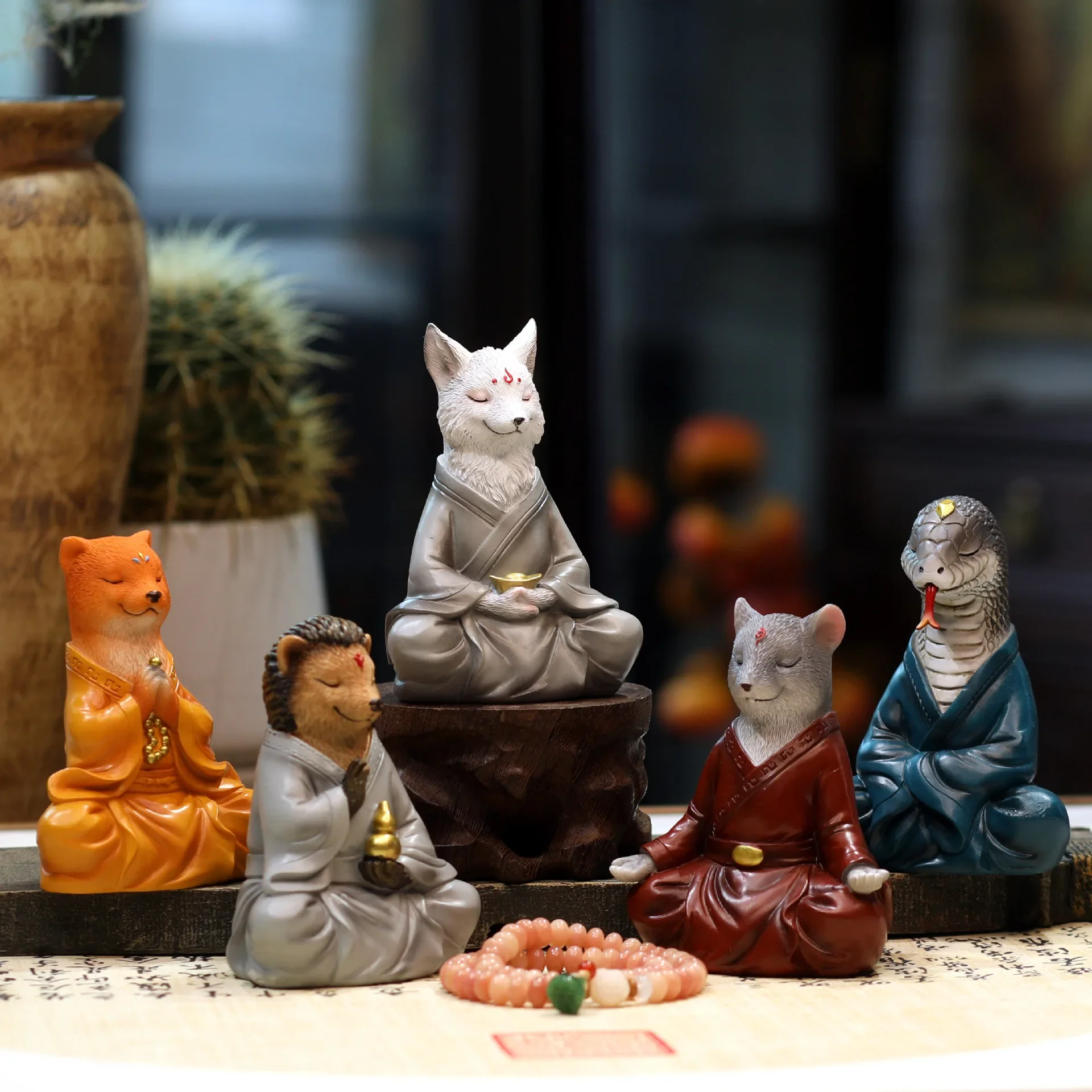 Zen Meditation Animal Figurines Weasel Tailed Fox Serpent Statues Desktop Decor Blessings Creative Home Altar Decorations