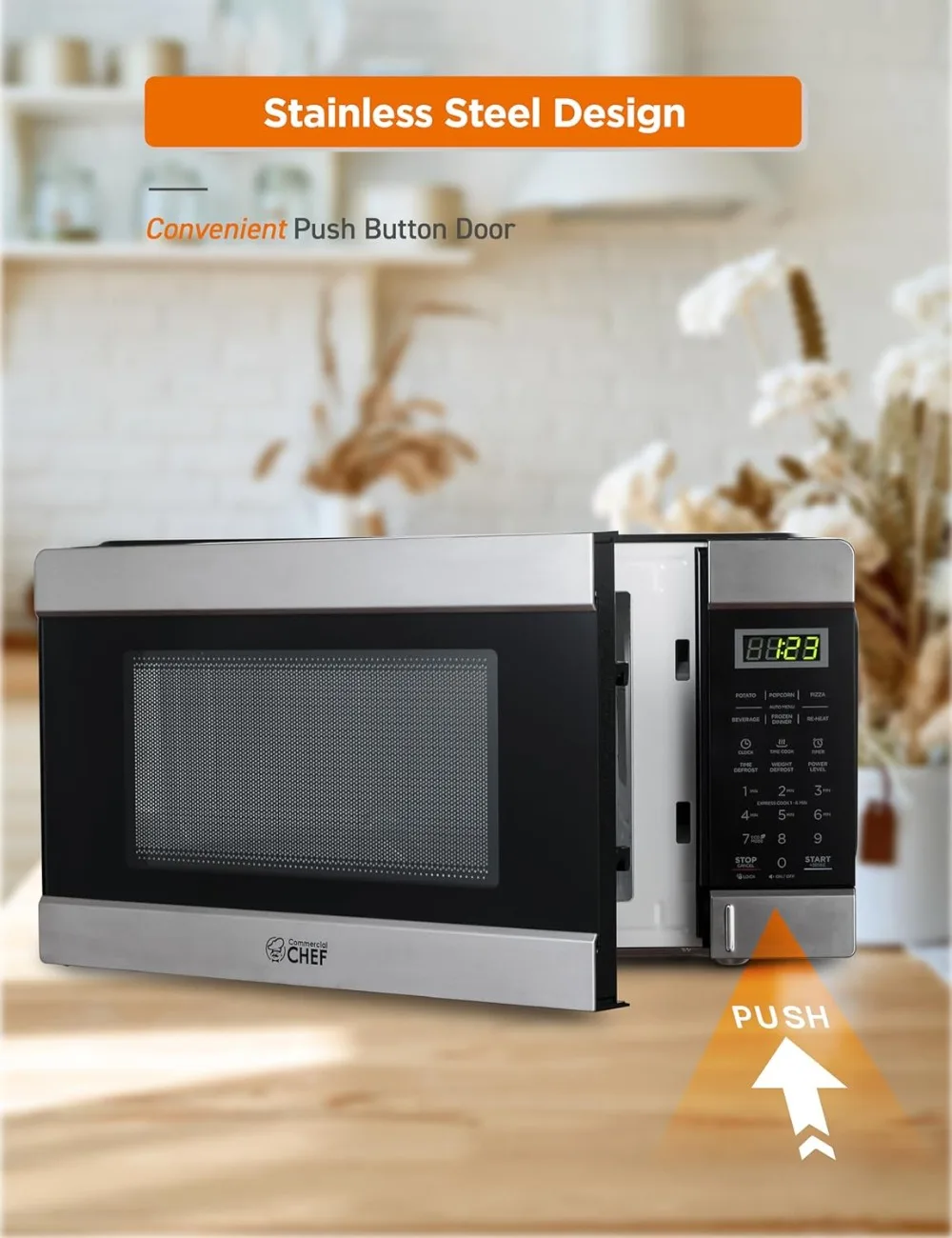 COMMERCIAL CHEF 1.1 Cu Ft Microwave with 10 Power Levels, Small Microwave with Push Button, 1000W Countertop Microwave