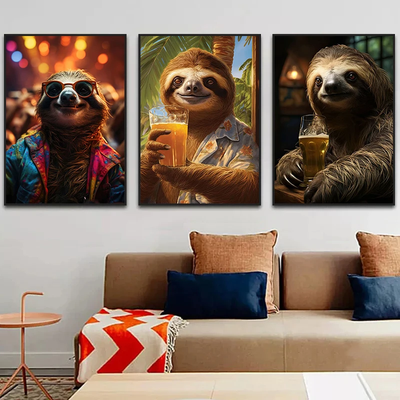 Cute Animal Sloth Flower Drink Poster Canvas Painting Print Funny Wall Art Picture for Kid Bedroom Home Decoration Gift Cuadros