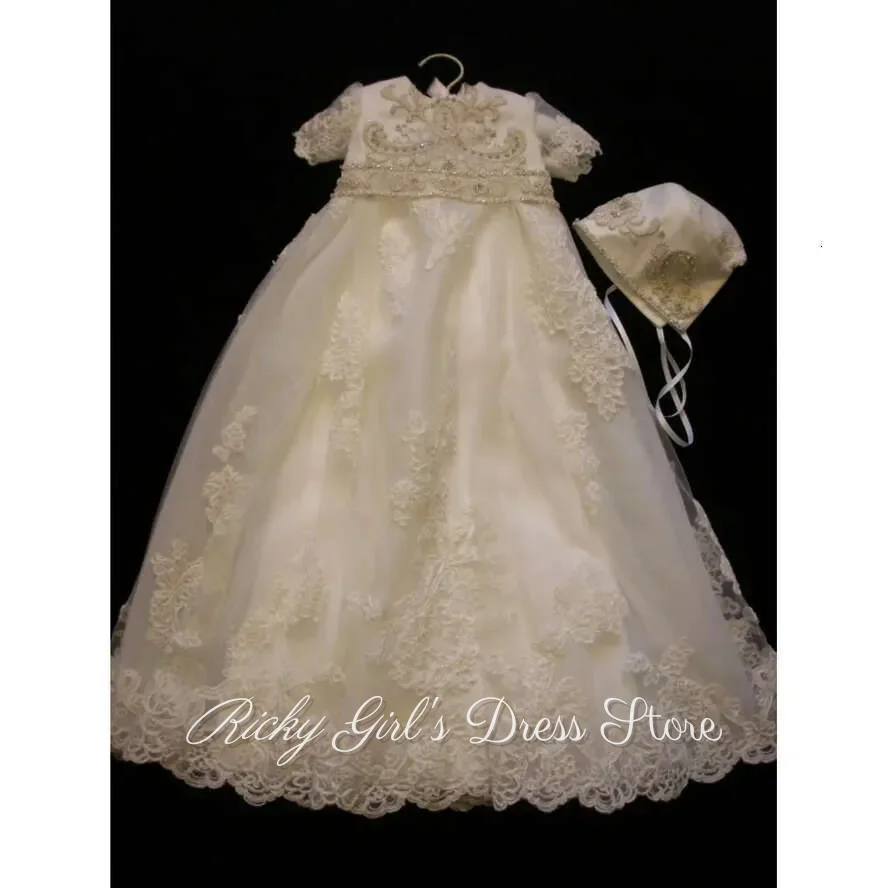 Baby Lace Applique Pearls Baptism Dresses Flower Girls Dress For Weddings Short Sleeve Ivory First Communion Gown Customized