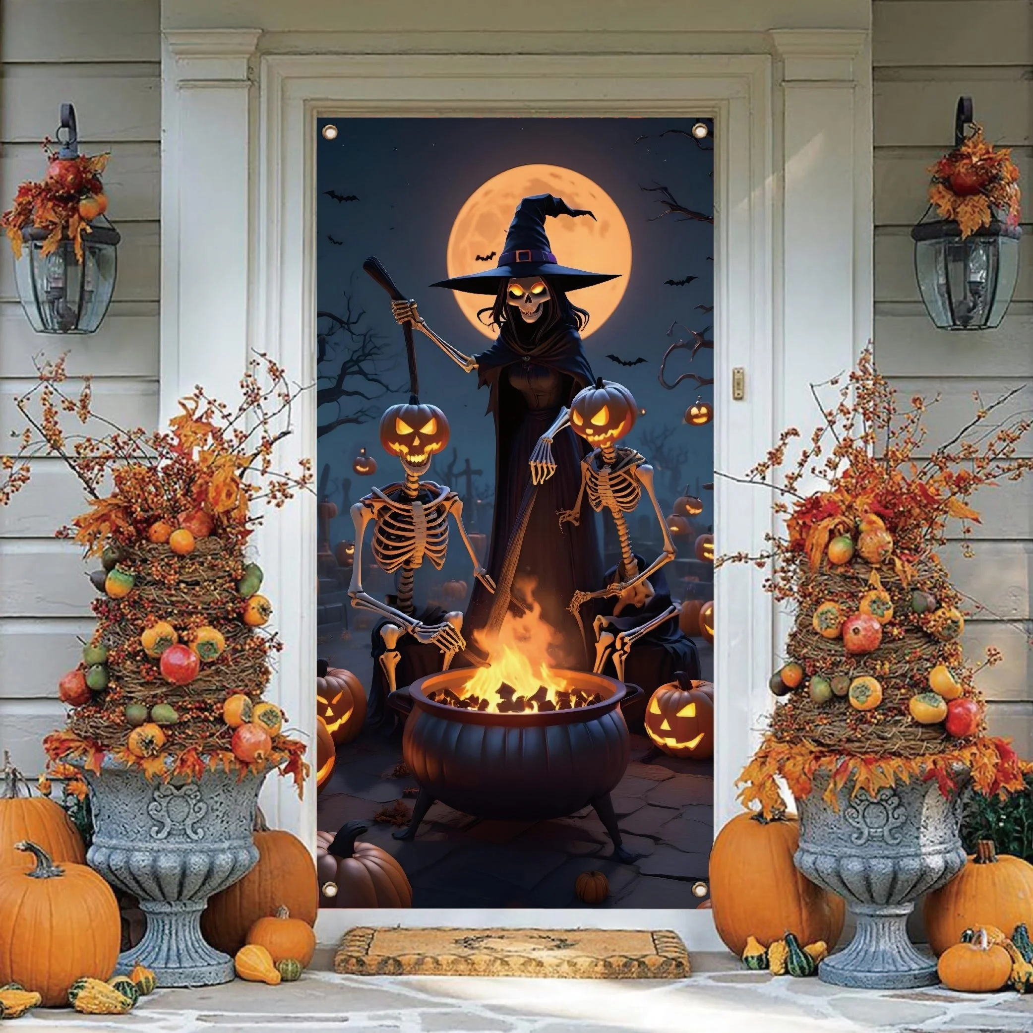 Halloween-Türbanner, böse Hexentopfszene aus Polyester, Totenkopf-Kürbiskopf, hängende Dekoration für die Veranda im Innen- und Außenbereich