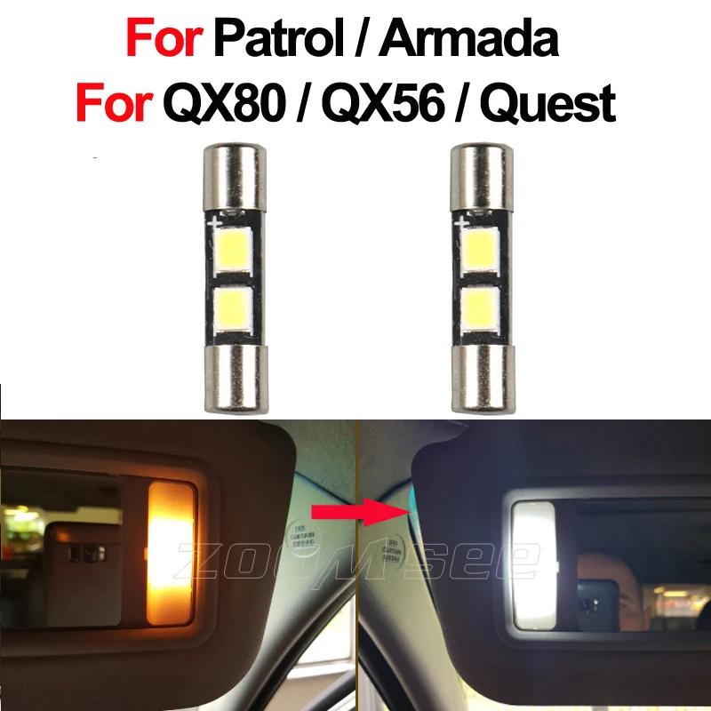 (The Only Seller) 2Pcs LED Sunvisor Light Vanity Mirror Bulb Interior Lamp For Nissan Patrol Y62 Armada Quest Infiniti QX56 QX80