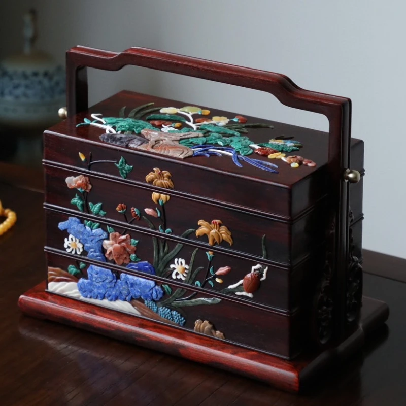 Lobular rosewood box with lifting beam, high-grade dim sum box embedded in treasure, mahogany classic