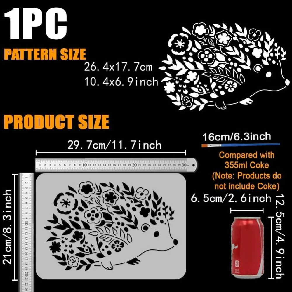 Hedgehog and Flowers Stencil for Painting 8.3x11.7 inch with Paint Brush Decorative Hedgehog Pattern Template Plastic making kit
