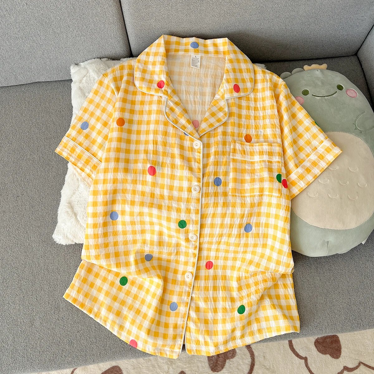 Women's Summer Pajamas, Thin Plaid Polka Dot Pattern Short-Sleeved Shorts, Sweet and Cute, Can Be Worn Outside in Summer, Two-Piece Home Wear Set image 3
