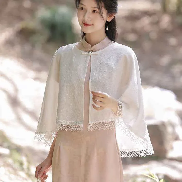 2026 New Chinese Style Embroidered Round Neck Frog Button Cape Shawl Lace Trim White Outerwear For Qipao Polyester Suzhou Made