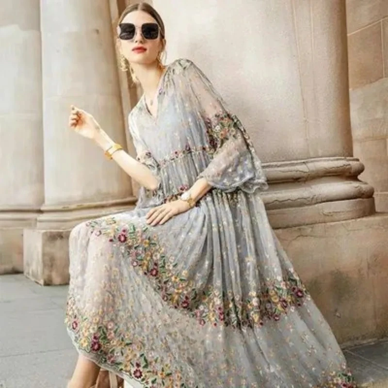 2024 Spring and Summer Women\'s New Fashion Rich Lady Loose Heavy Embroidery Long Two-Piece Embroidered Dress Set M1039