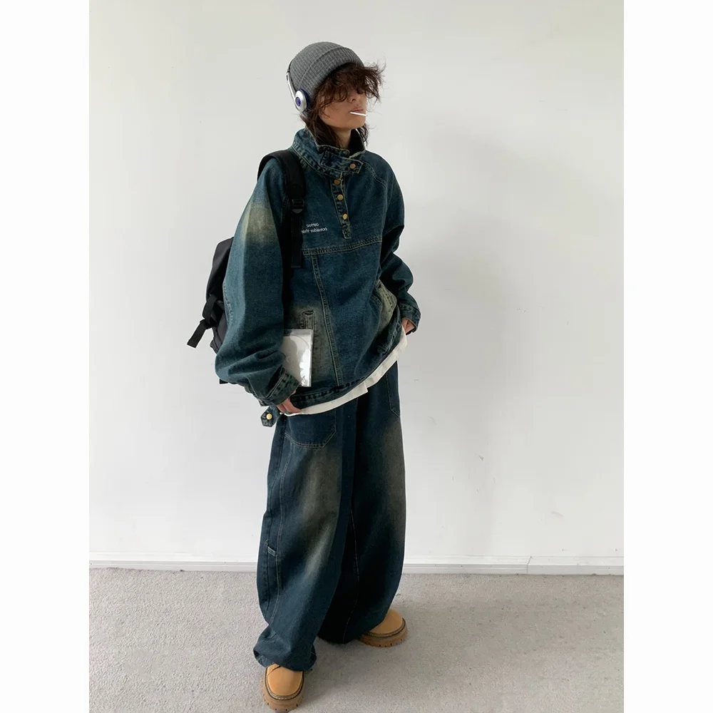 Jiwuus レトロな日本のストリートスタイルハーフハイカラーダメージ加工デニムジャケットルーズカジュアルユニセックス春秋ワークウェアコート