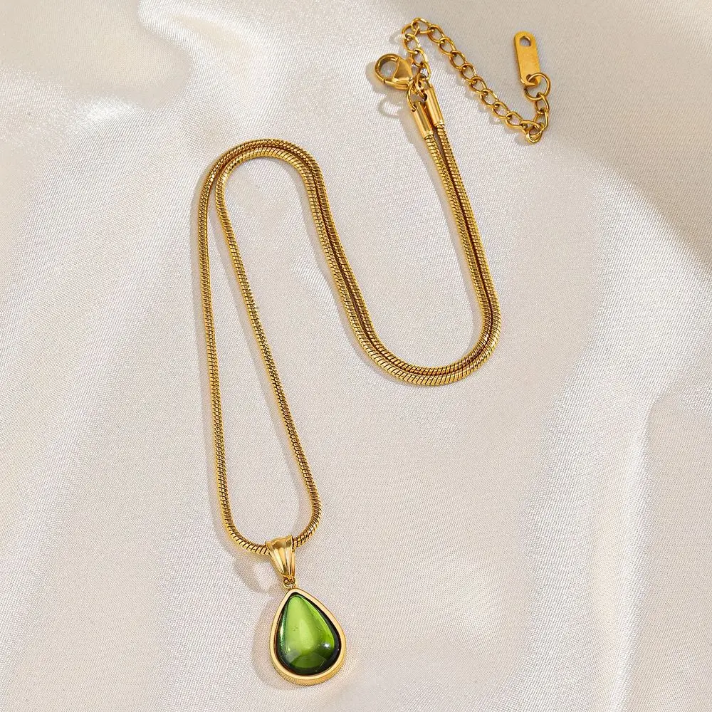 New Style Olive Green Blue Droplet Pendant Necklace For Women Girls Stainless Steel Vintage Clavicle Chain Wedding Jewelry Gift