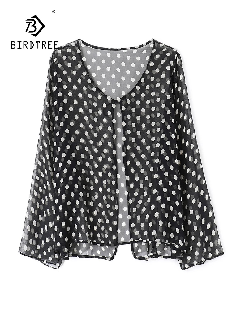 BirdTree-Silk Georgette Elegant Coat, Long Sleeve Dot Print, Women Thin Loose Sun Protection Clothing, 2026 Autumn New C67029CC