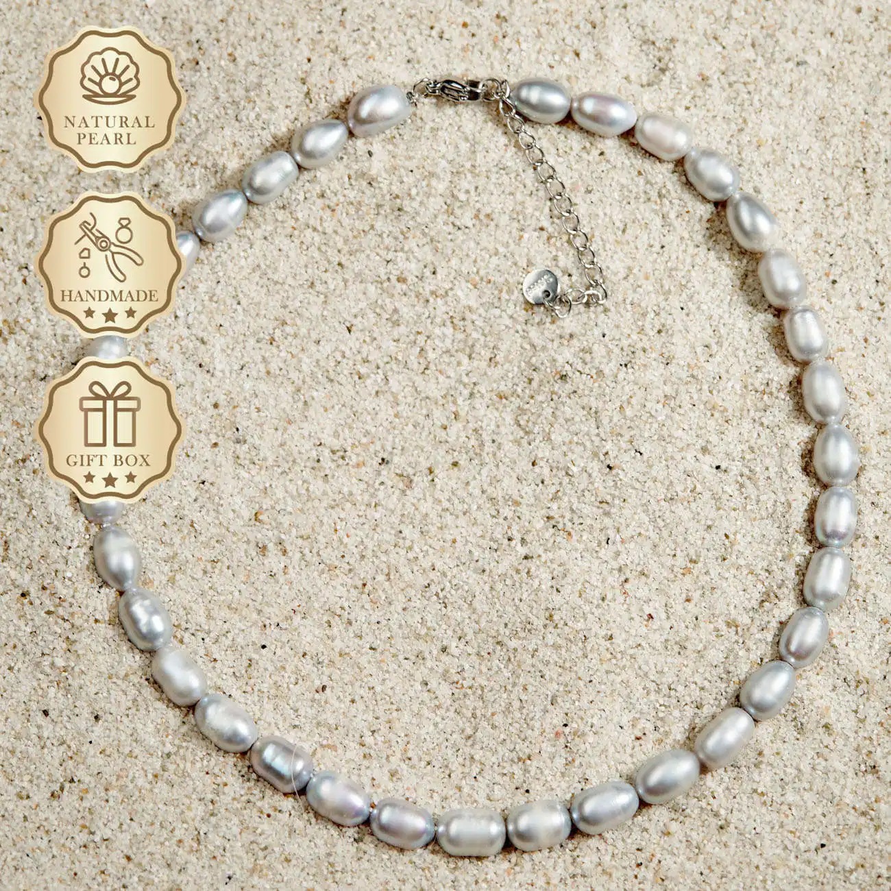 

MYSOYA Gray Rice Freshwater Pearl Necklace 6–7mm with Silver Extension Chain, Gift Box, Ideal Birthday Gift & Anniversary Gift