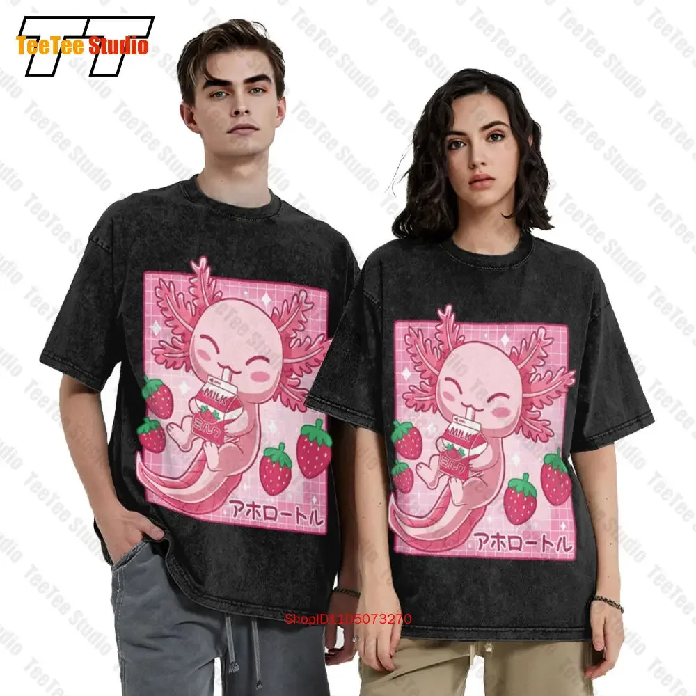 Kawaii Axolotl Strawberry Milk Shake Carton Essential Cotton T-Shirt CJMD