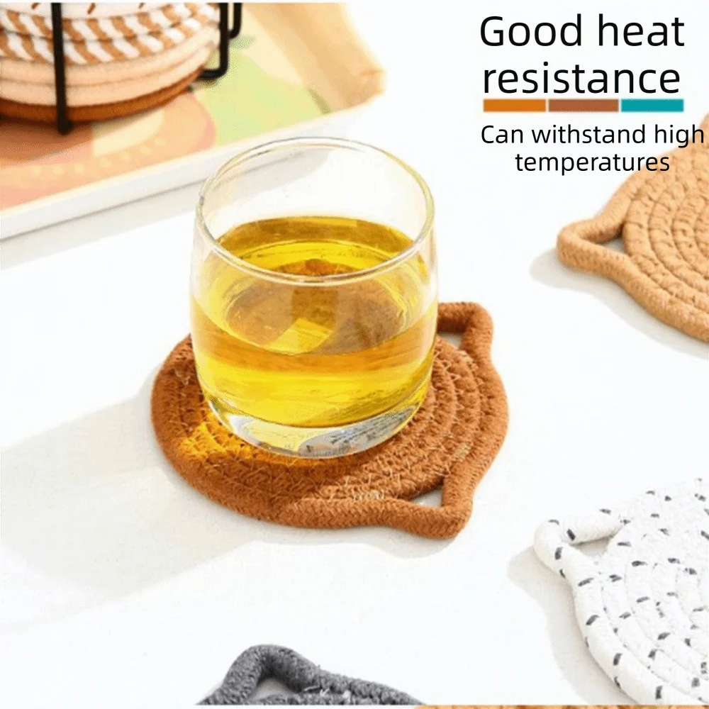 4/8 Pcs Woven Cat Ear Coasters Non-Slip Base with Storage rack Cotton Drink Coasters Cute High-Temperature Resistant