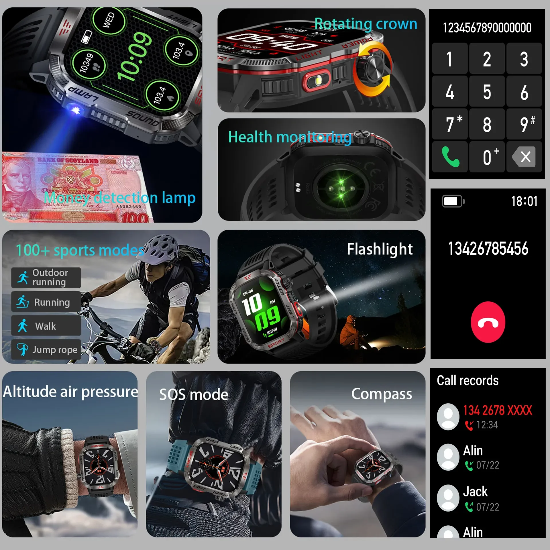 TJXL-Tactical Pro HT29 Smart Watch Money Detection & Heart/Sleep - Altimeter Barometer Outdoor Finance Tracker with Flashlight