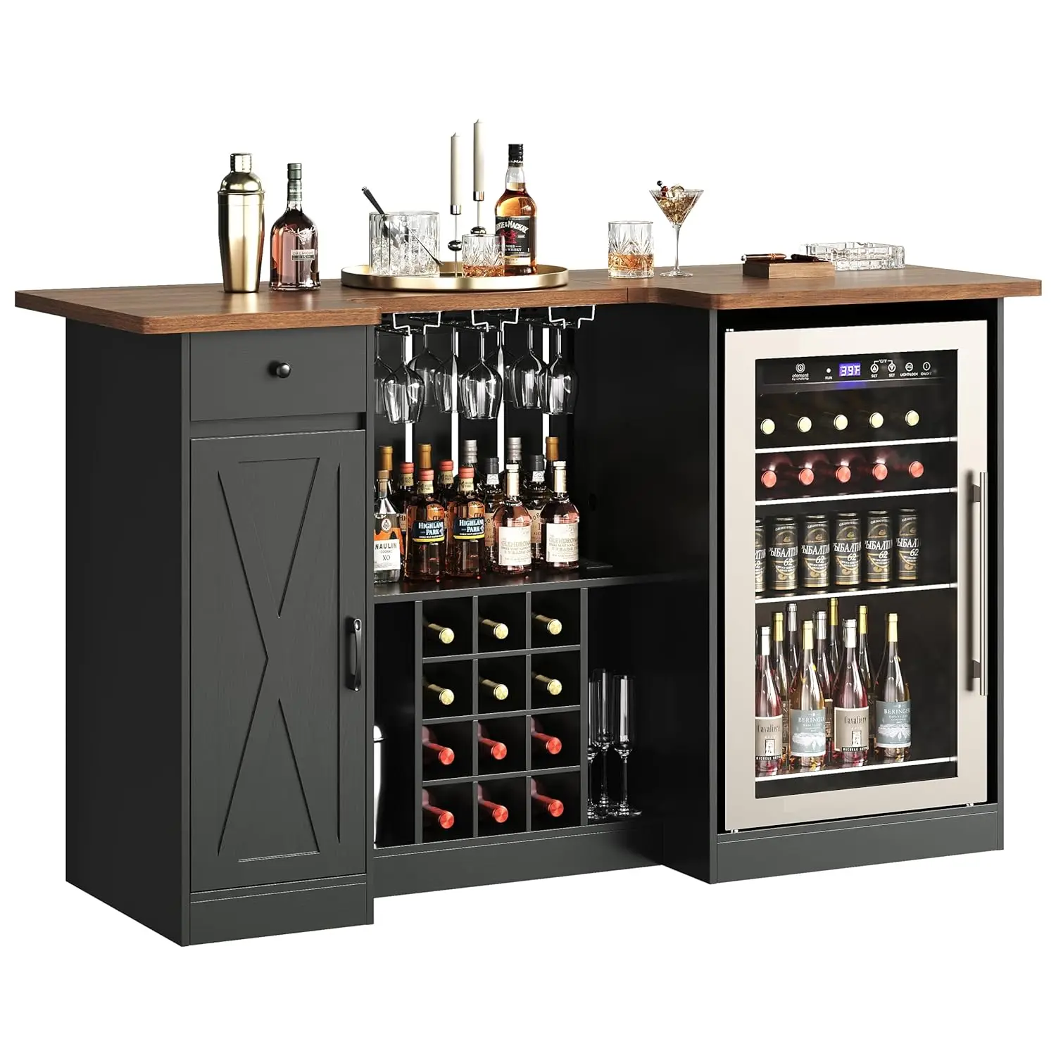 new U-Shape Liquor Cabinet with Fridge Space, Bar Table with Wine Rack Glass Holder, Wine Bar Cabinet with Storage,, Customized