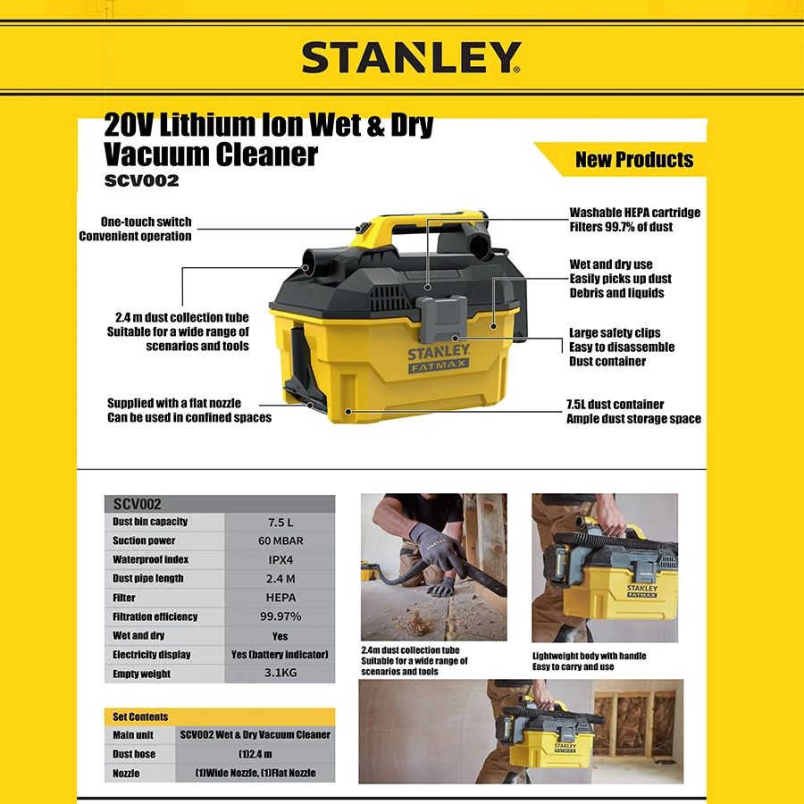 STANLEY Vacuum Cleaner Rechargeable 20v 7.5L  Wet-Dry Vacuum Cleaner Dust for Car Home Cleaning Construction Site SCV002