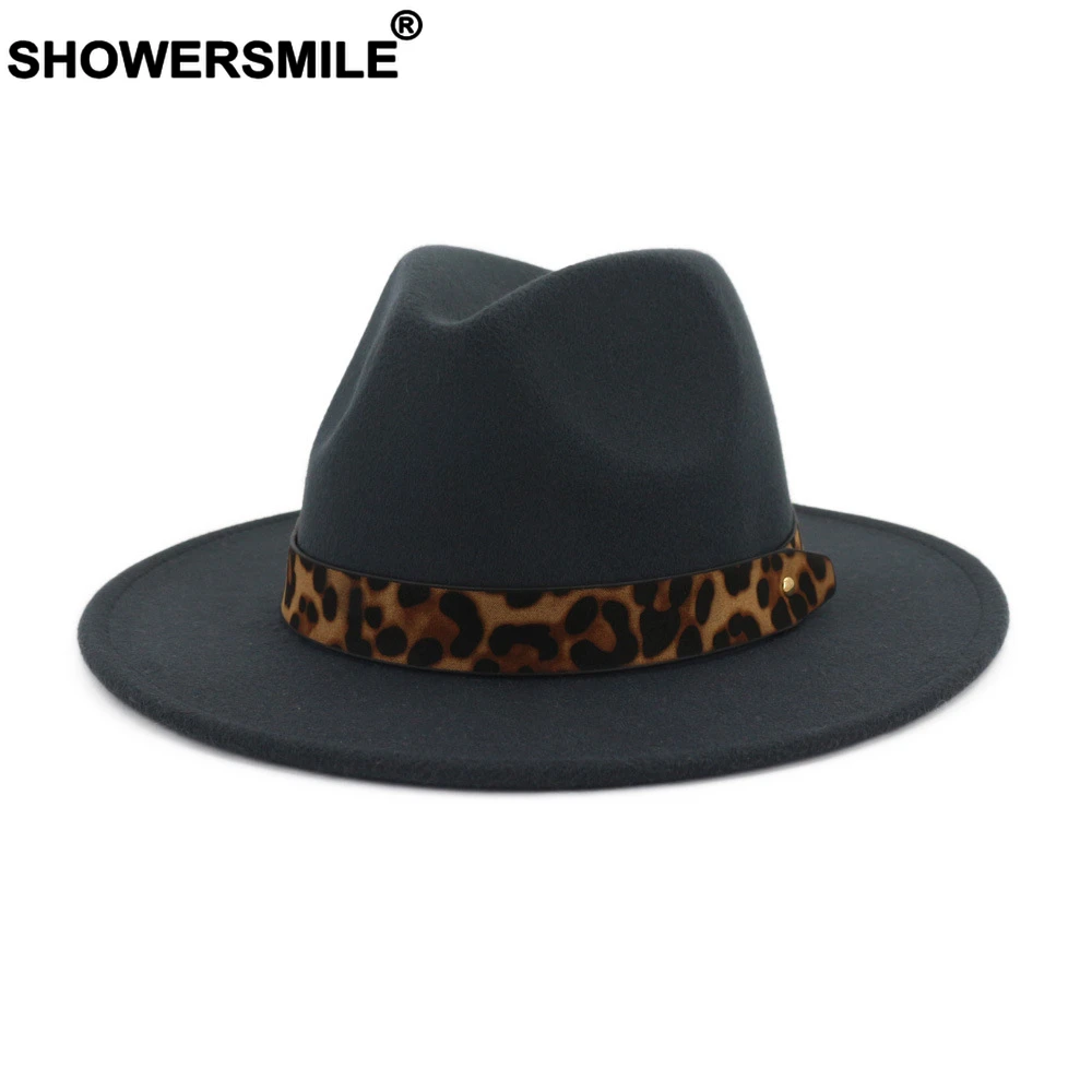 SHOWERSMILE Khaki Fedoras Hats For Women Woolen Felt Trilby Hat Ladies Leopard Female Autumn Winter Retro Pork Pie Hat