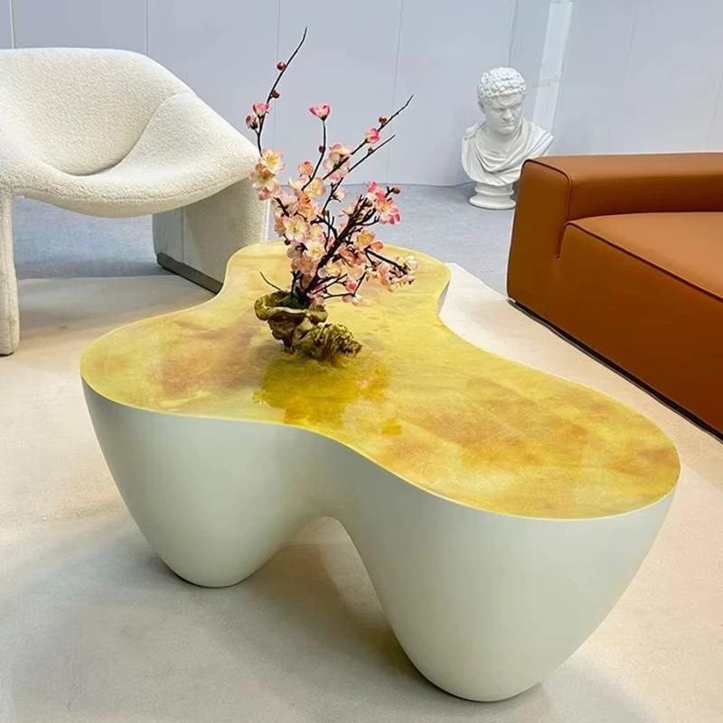 #Artistic Irregular Shaped FRP Coffee Table with Marble Textured Tabletop for Contemporary Living Room Art - Themed Cafe