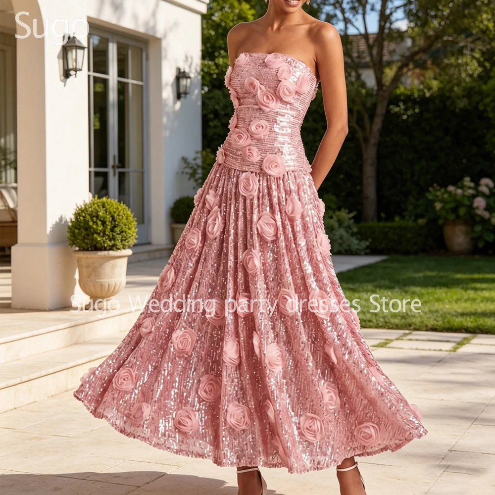 

Customized 3D Flowers Pink Sparkle Long Evening Dresses for Special Occasions Ankle-Length Women Gala Prom Party Gowns 2026