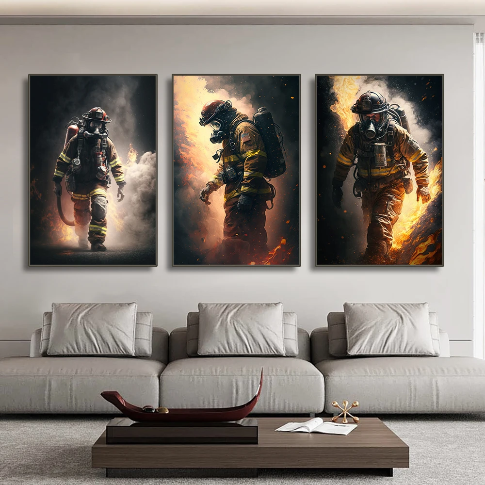 Fireman Portrait Poster Print Canvas Painting Firefighter Wall Art Pictures for Modern Living Room Home Interior Decoration