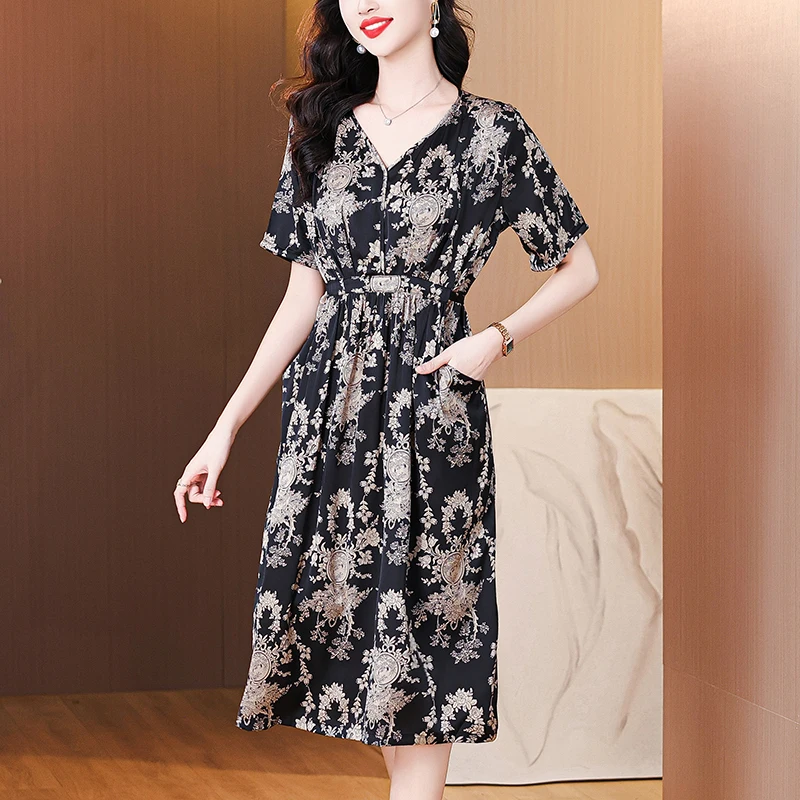 Zomer Vrouwen Satijn Vintage Luxe Bodycon Jurken 2025 Kantoor Zwarte Bloemen Zijden Midi Jurk Elegant Casual Night Party Vestidos