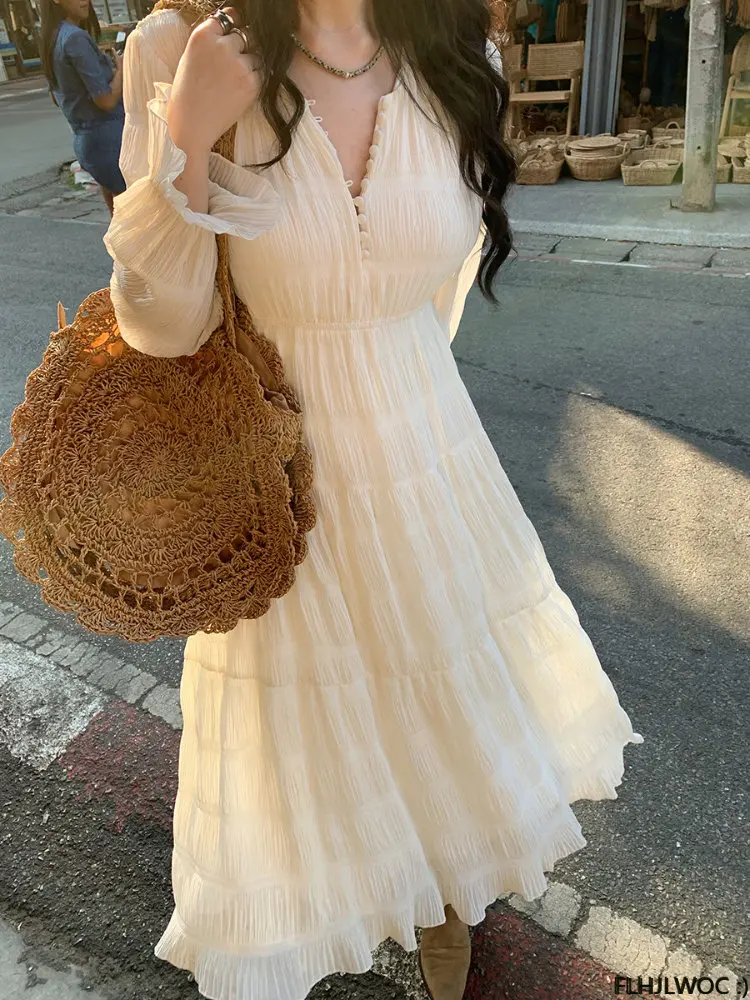 Korean Chic Dresses Elegant Temperament New 2023 Japan Girls V Neck A Line Cute Feminine Vestidos Long Retro Vintage White Dress