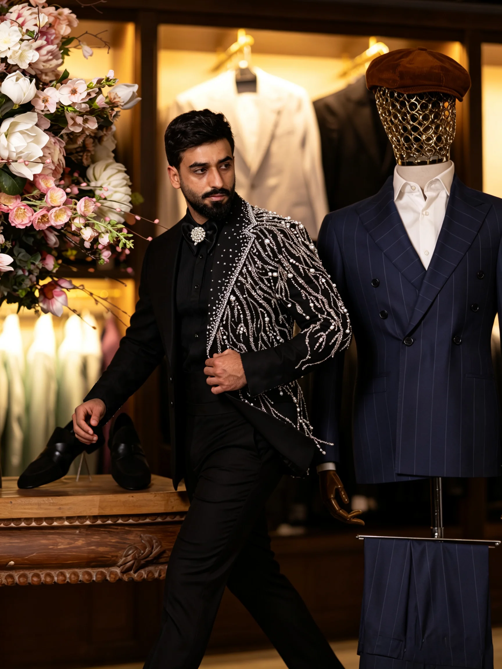 Designer Pearls Sequins Men Wedding Suits For Wedding Peaked Lapel Tuxedo Groom Wear 2 Pcs Jacket Pants Evening Party Customized