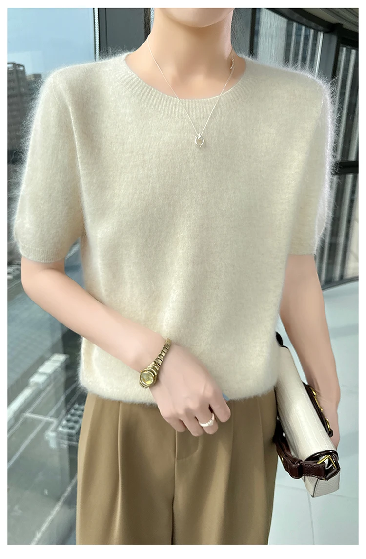 Neuer gestrickter Damen-Pullover aus 100 % Nerz-Kaschmir mit kurzen Ärmeln, einfacher und vielseitiger Damen-Pullover mit O-Ausschnitt der Marke FRSEUCAG – Detail 11