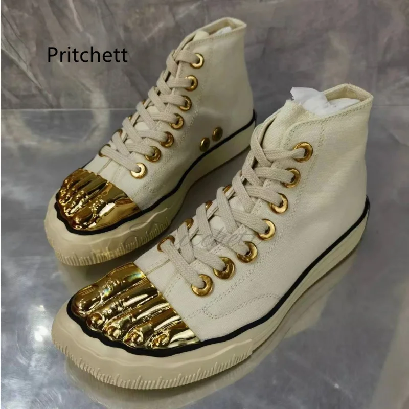 Gold Five Fingers Canvas Shoes for Women High Top Lace Up Casual Ankle Boots Sneakers Flats Sports Banquet Runway Women's Shoes