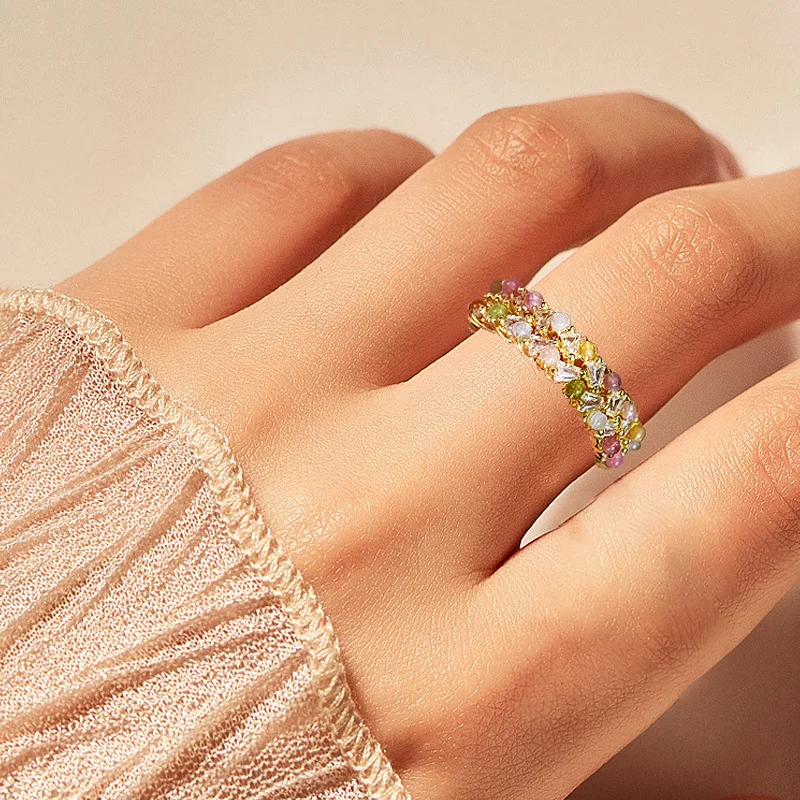 

Copper-plated 18K real gold, hand-inlaid colored tourmaline ring, live ring holder ring, niche design versatile