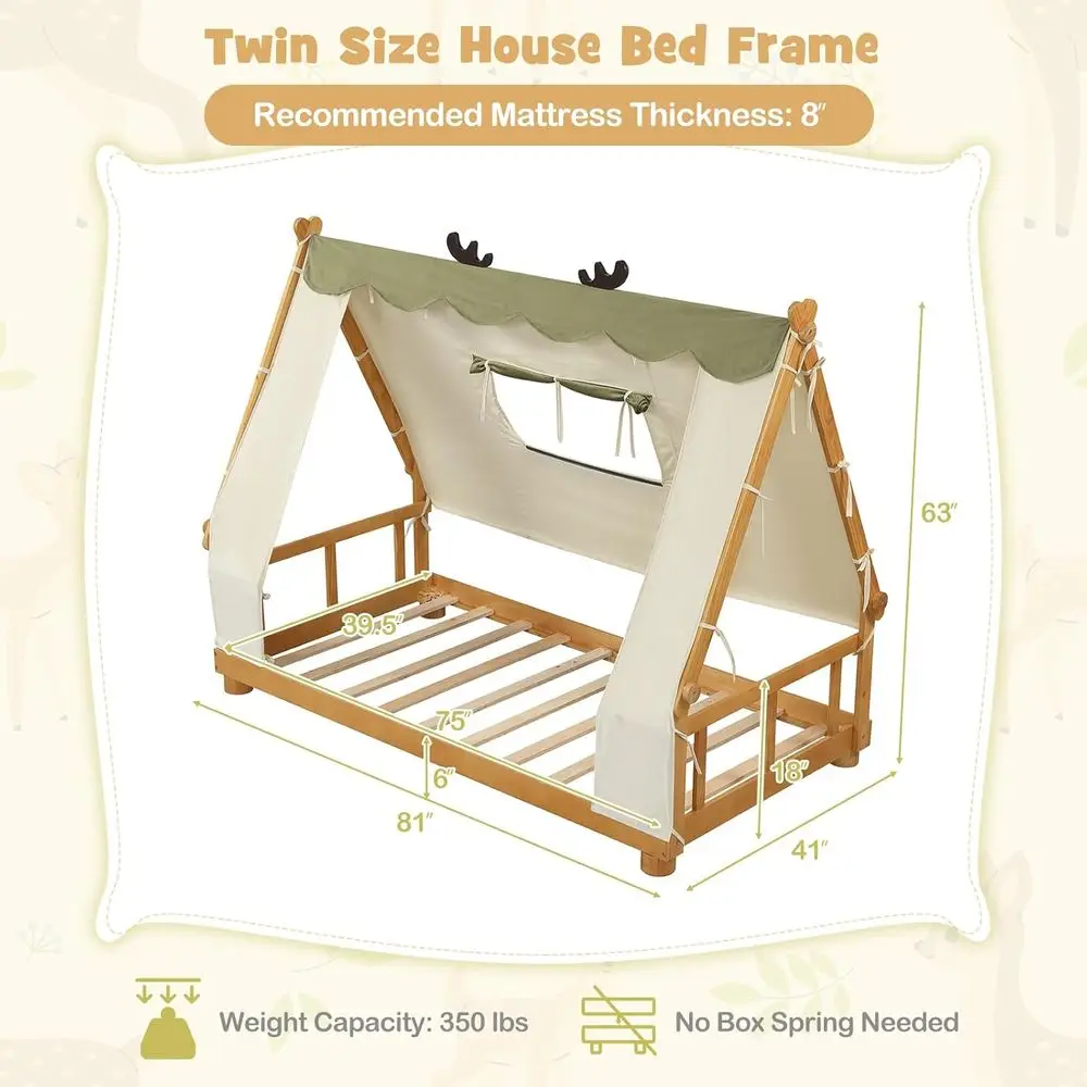 Green Twin-Size Kids Bed with Tent, Window, Guard Rails, and Wooden Slat Support