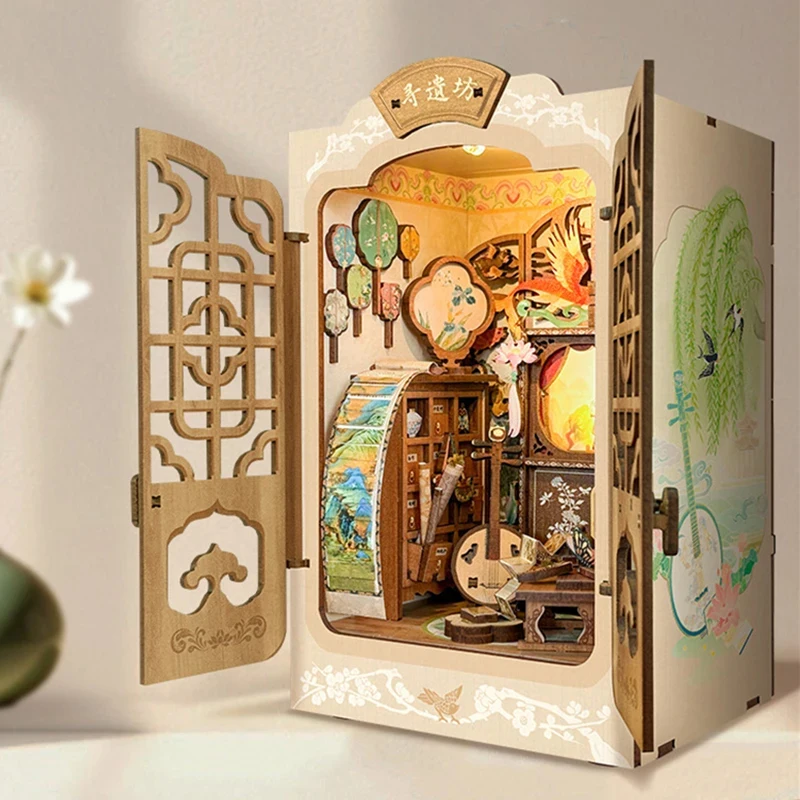 OUZEY Wooden DIY Book Nook Shelf Insert Kit Musical Miniature Model with Light Bookend Perfect for Bookshelf Decor Friends Gifts