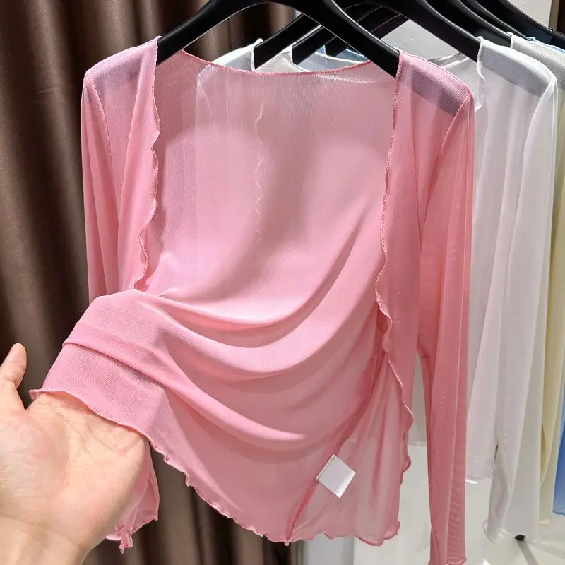 plus Size Ice Silk Shawl Thin Veil Sun Protection Women's Outerwear Cardigan Wooden  Mesh Cover up Short Sleeve T-Shirt