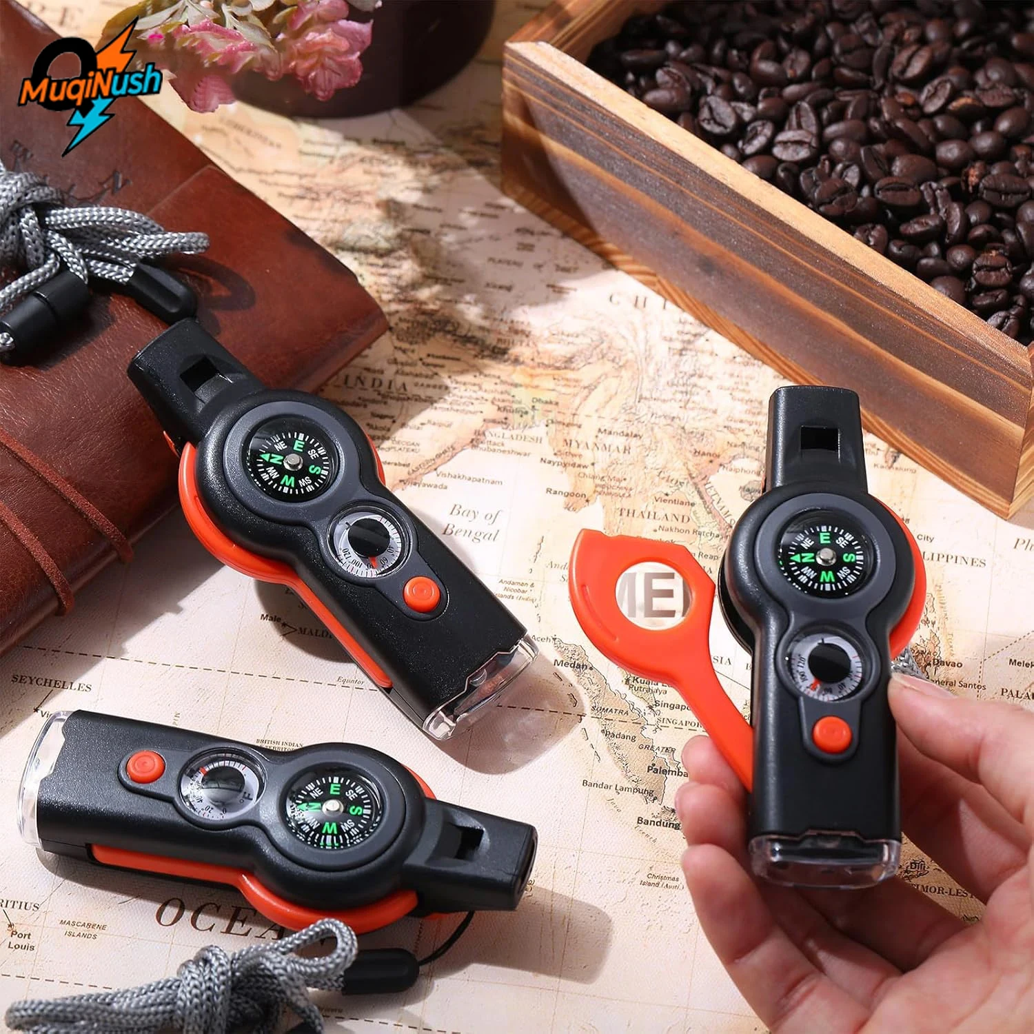 

MuqiNush 7in1 Emergency Safety Whistle with Lanyard Multifunctional Tool Compass, Thermometer Magnifier LED Flashlight Reflector