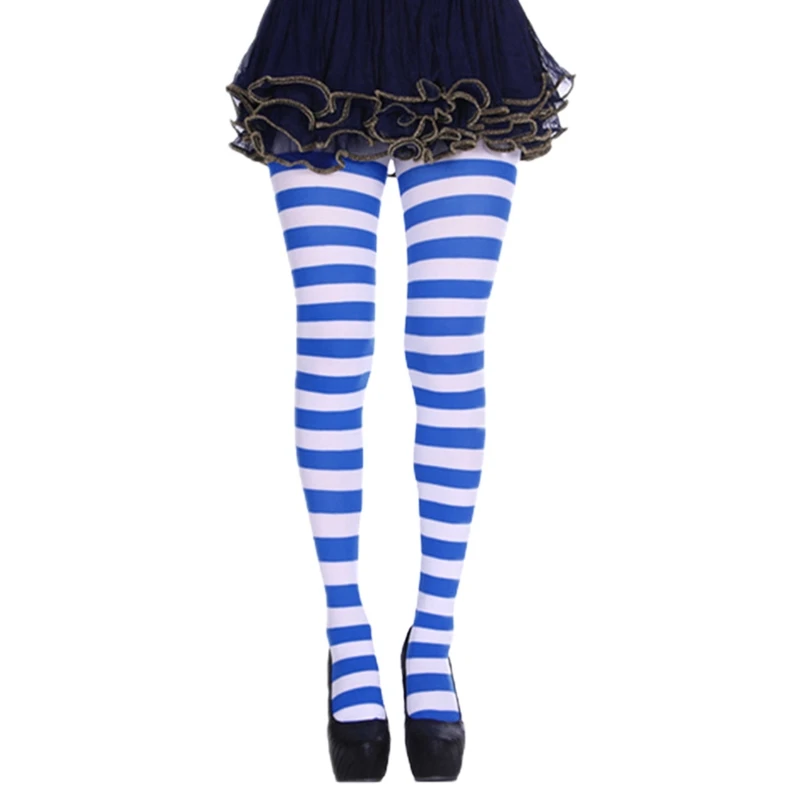 Women Striped Tights Opaque Microfiber Stockings Footed Pantyhose Party Clubwear