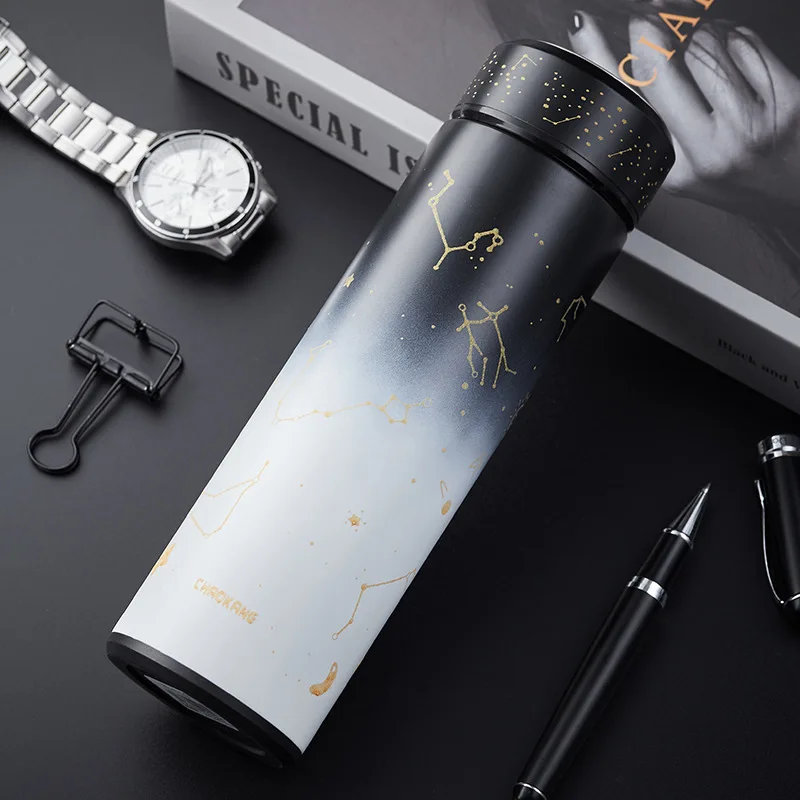 Stainless Steel Thermos Bottle Black and White Gradient Water Bottle with Tea Filter Noctilucent Vacuum Flask Coffee Cup