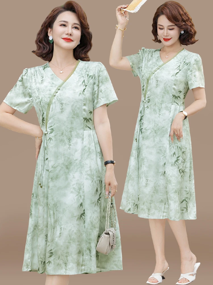 

Ele Mid-Late Life Women's Qipao Dr Summer New Sle Faionable Mommy Dres Large Size Skirts Long V-Ne Polyester