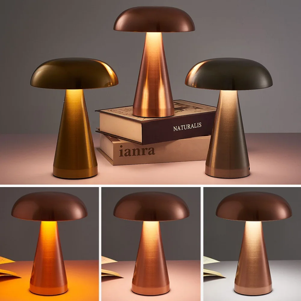 Mushroom Bedside Table Lamp USB Rechargeable LED Night Lamp Bedside Light 3 Color Touch Dimmable Metal Lamp Living Bedroom Decor