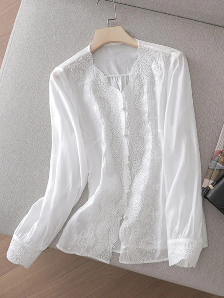2024 French Embroidery Flower Lace Women\'s Shirt V Neck Sweet Long Sleeve Linen Blouse Autumn Loose Elegant Sunscreen Top 16108