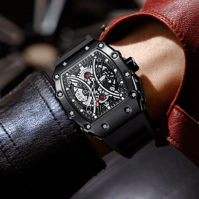 

Tonneau классические полые стильные кварцевые часы мужские роскошные креативный дизайн водостойкая силиконовая резина мужские мужские часы AAA часы