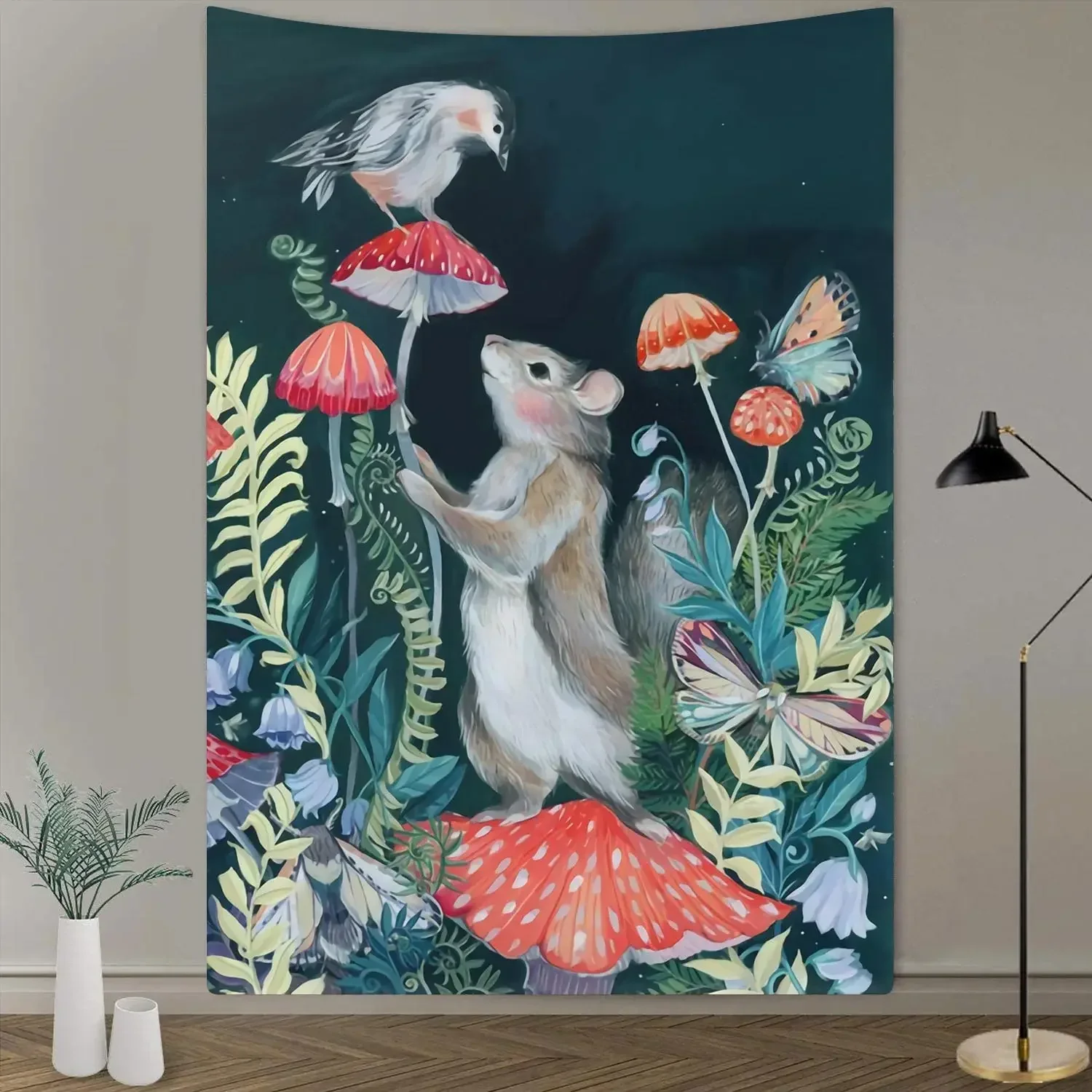 Jungle Squirrel Wall Tapestry Fairy Tale Forest Psychedelic Mushroom Butterfly Flowers Wall Hanging for Bedroom Living Room Dorm