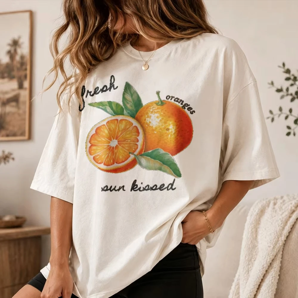 Women Fresh Sun Kissed Orange Watercolor Fruit Print T Shirt Hand Drawn Letter Graphic Crew Neck Short Sleeve Cotton Tee Tops