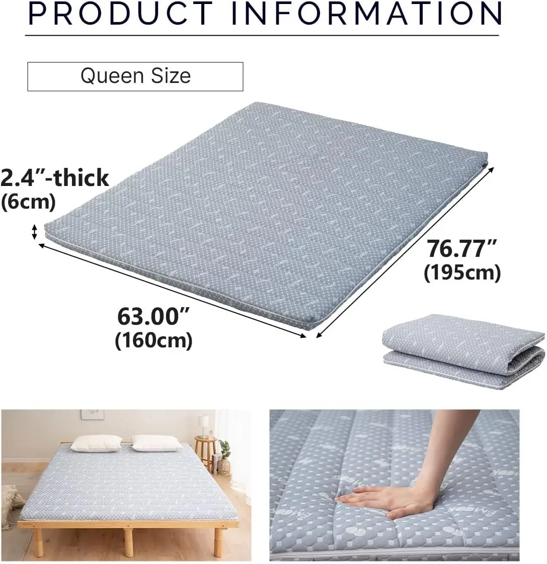 Hybrid Futon Mattress, High-Resilience Urethane Foam 150N with Washable Padded Cover, Queen, Tatami Floor Sleeping Mat Pad