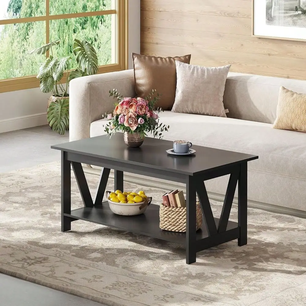 

Table With Storage Shelf, 39.4 Farmhouse Coffee Table With VFrame Support, 2Tier Wood Rustic Center Table For Living Room, Bedr