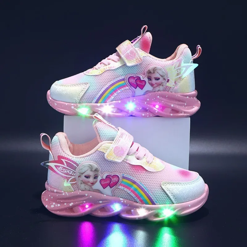 Anime Elsa LED Shoes for Kids Girls Cartoon Outdoor Sports Casual Shoes for Children Running Breathable Mesh PU Sneakers