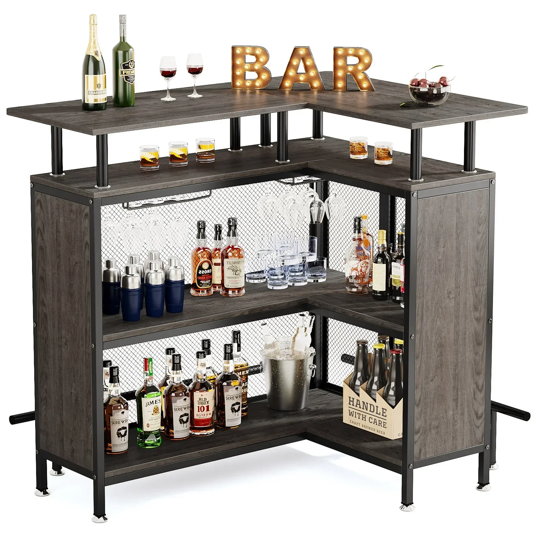 TTTribesigns Home Bar Unit, L-Shaped Bar Table With Stemware Racks And 2-Tier Shelves, Corner Mini Coffee Liquor Cabinet