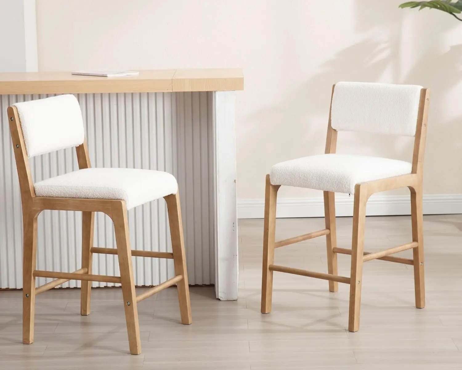 

Upholstered Counter Barstool Cushion Back Mid-Century Wood Legs Kitchen 2pcs White Sherpa, Customized
