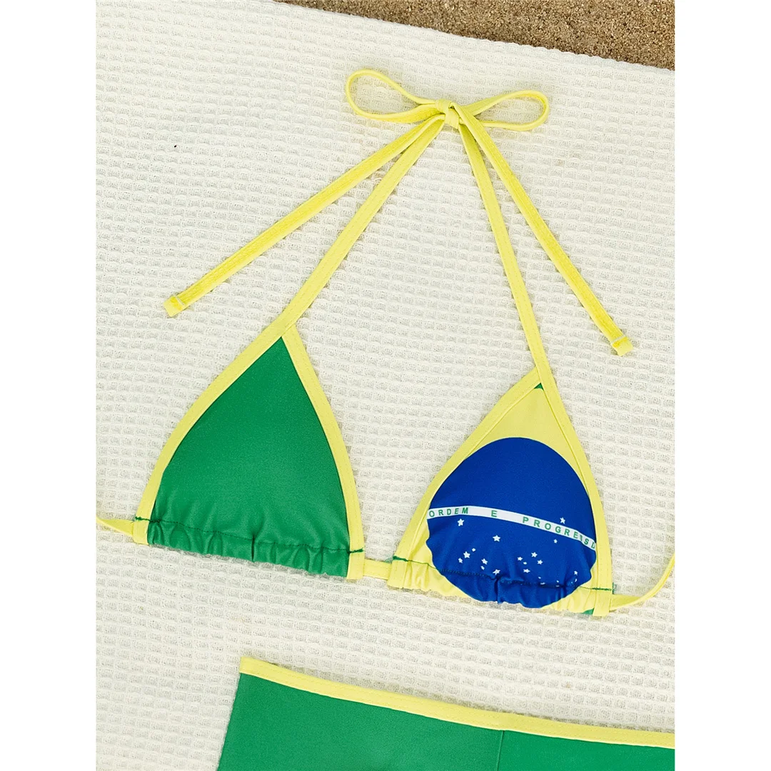 Neu mit Shorts, Flaggenmuster, Bikini, Damen-Badeanzug, dreiteiliges Bikini-Set, Damen-Bademode, Neckholder-Badeanzug, Badebekleidung, Schwimmbekleidung V7600 – Detail 4