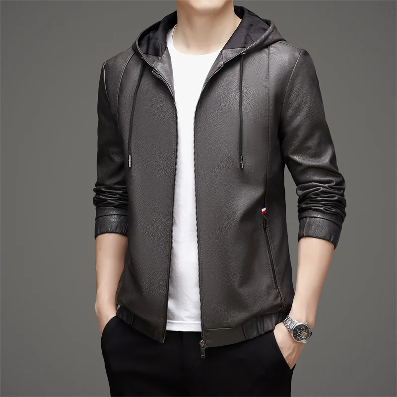 

Новая мужская куртка из искусственной кожи 2025 года с капюшоном, повседневная, с квадратным воротником, модная, универсальная, легкая, для осени и зимы