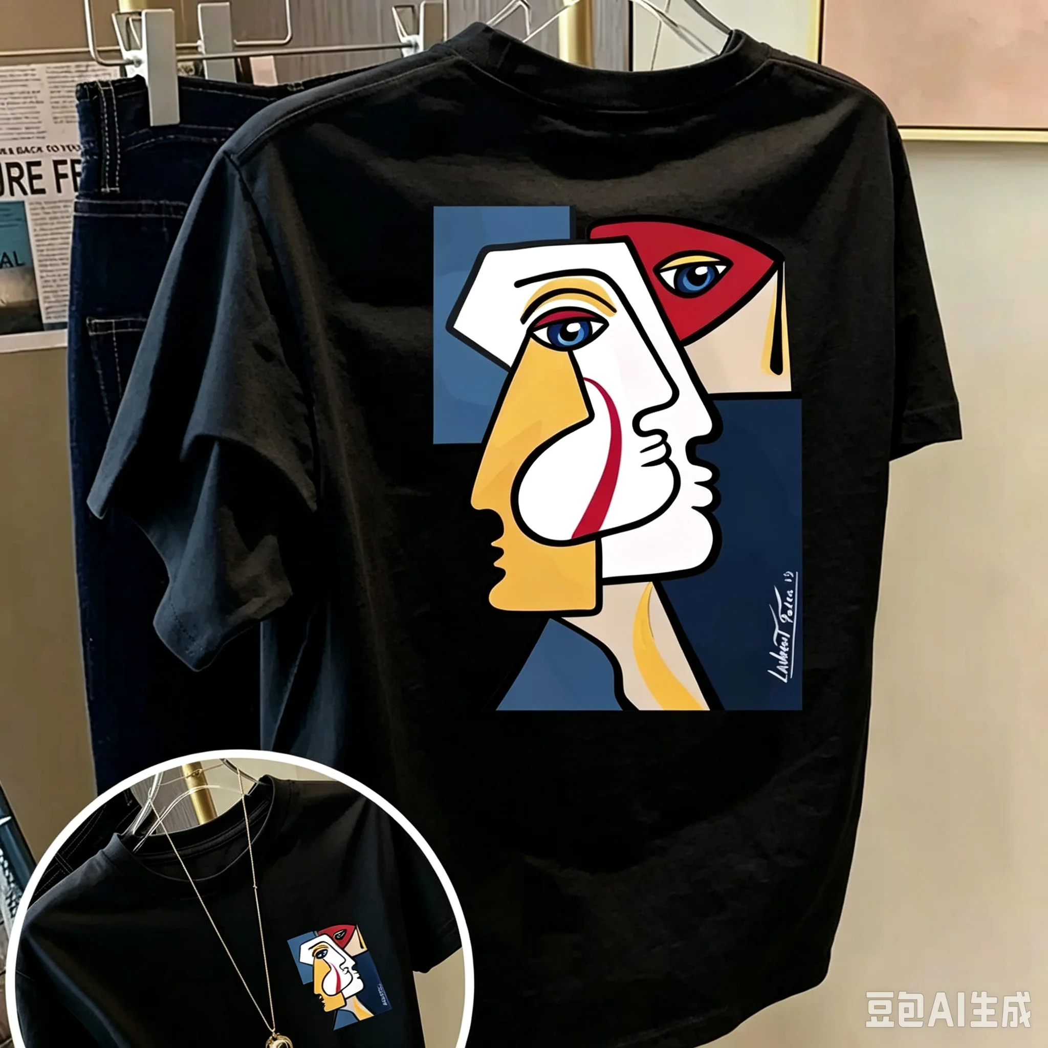 Men's Summer Casual Streetwear T-Shirt Abstract Cubism Face Back & Chest Print Cotton Top for Hangouts & Art Events